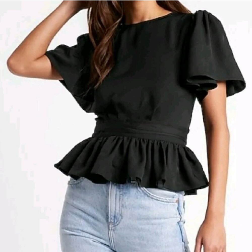 Express Black Peplum Blouse With Flutter Sleeves - image 1